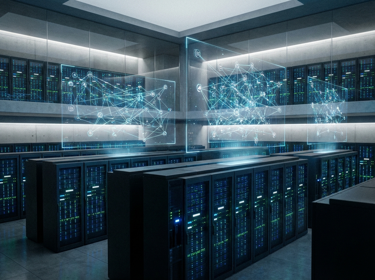A futuristic server room with holographic displays showing interconnected knowledge nodes, realistic photography, soft lighting, 4:3, no text
