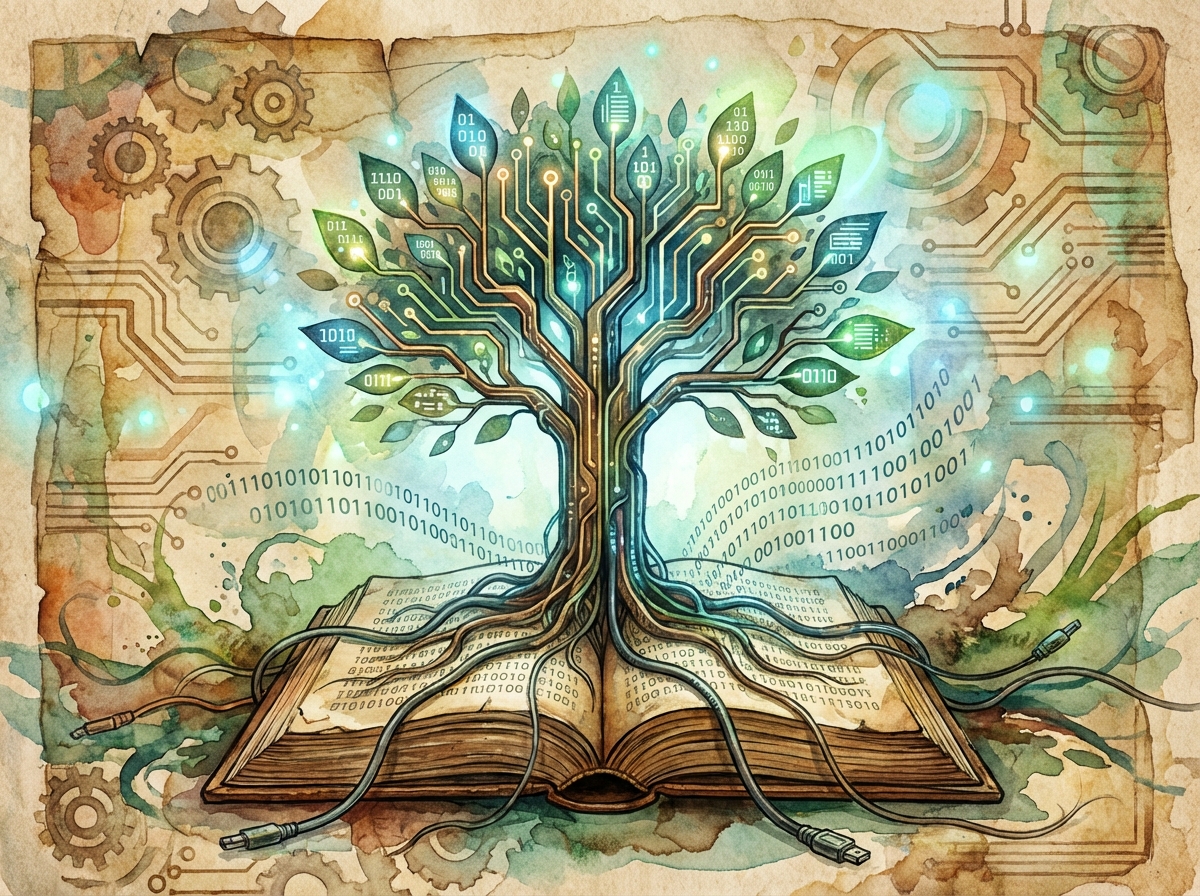 A symbolic illustration of a digital tree growing from a book, blending nature and technology, artistic and textured background, 4:3, no text