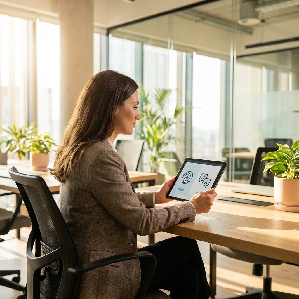 A professional business person using a sleek tablet in a bright modern office, screen showing a translation interface, warm natural lighting, lifestyle photography, centered focus, 1:1, no text