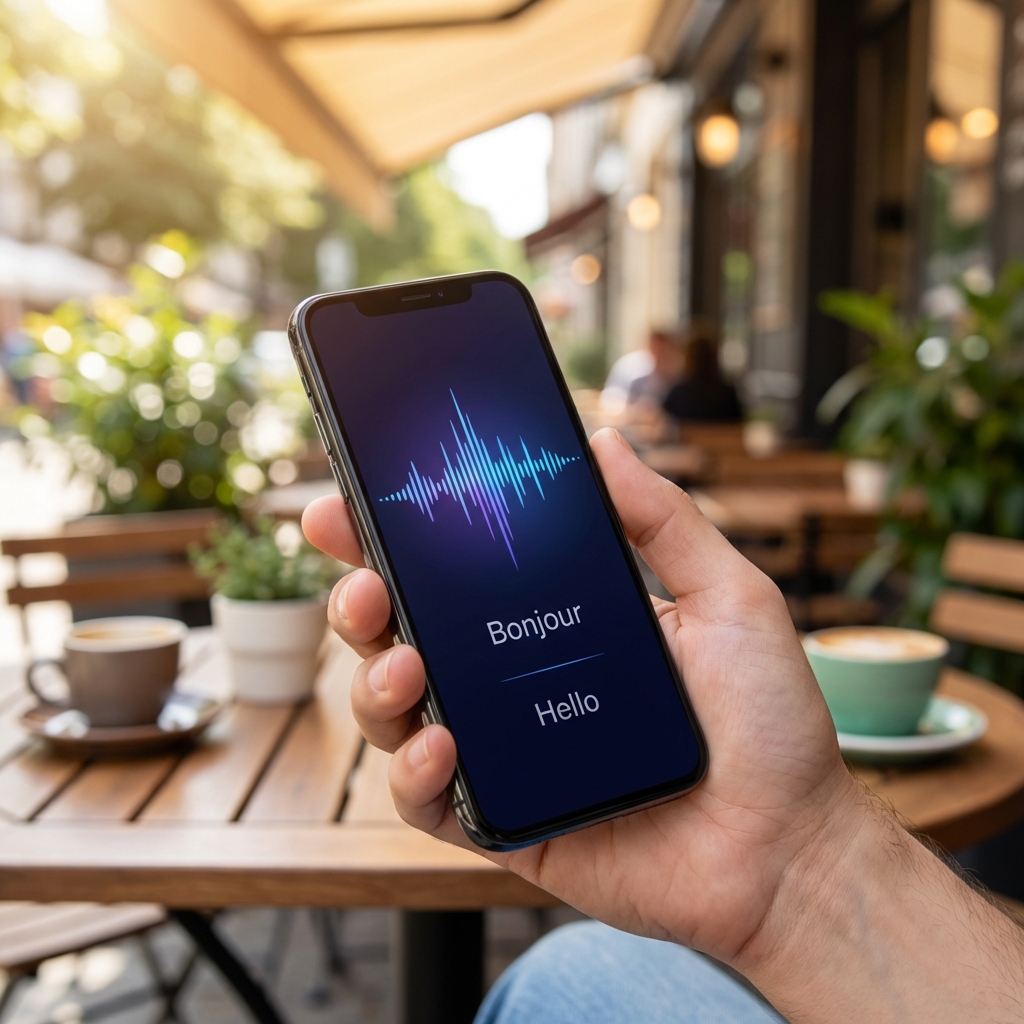 Close up shot of a hand holding a modern smartphone, high quality display showing a voice wave animation and translated text, outdoor cafe background, natural daylight, sharp focus, 1:1, no text