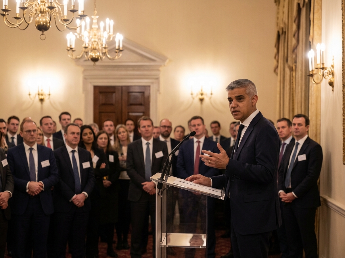 Sadiq Khan delivering a serious speech at the Mansion House in London, formal setting, professional business audience, soft warm lighting, realistic photography style, 4:3 aspect ratio, no text.