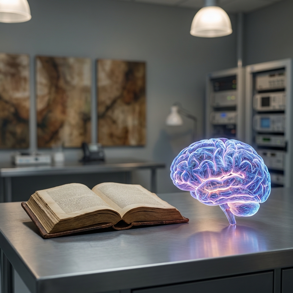 A high-tech laboratory setting where an open book and a glowing brain-shaped neural network coexist on a desk, soft professional lighting, textured artistic background, 1:1 aspect ratio, no visible text