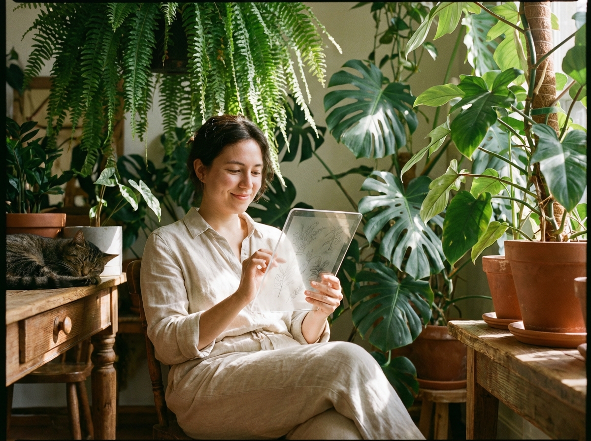 A lifestyle photography shot of a person using a transparent tablet in a lush indoor garden, warm natural sunlight filtering through leaves, peaceful atmosphere, 4:3 aspect ratio, no visible text