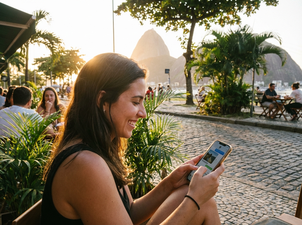 A high-quality lifestyle photograph of a person in Brazil using a smartphone with a messaging app interface, outdoor cafe setting, warm sunlight, 4:3 aspect ratio, no text.
