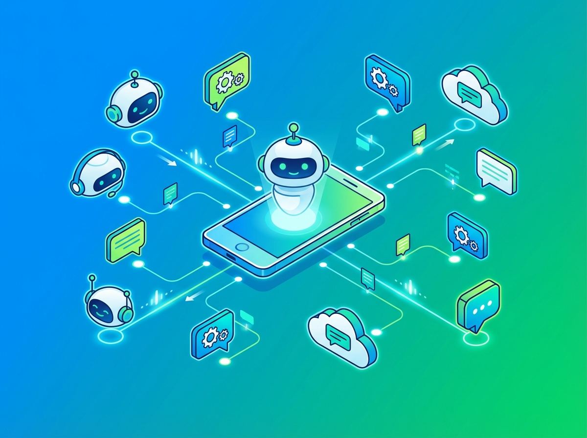 A modern clean infographic style illustration showing a network of AI chatbot icons connecting to a mobile device, vibrant blue and green gradient background, high contrast, 4:3 aspect ratio, no text.