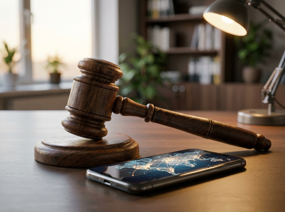 A professional conceptual image of a wooden gavel resting next to a smartphone showing global connection maps, soft office lighting, realistic textures, 4:3 aspect ratio, no text.