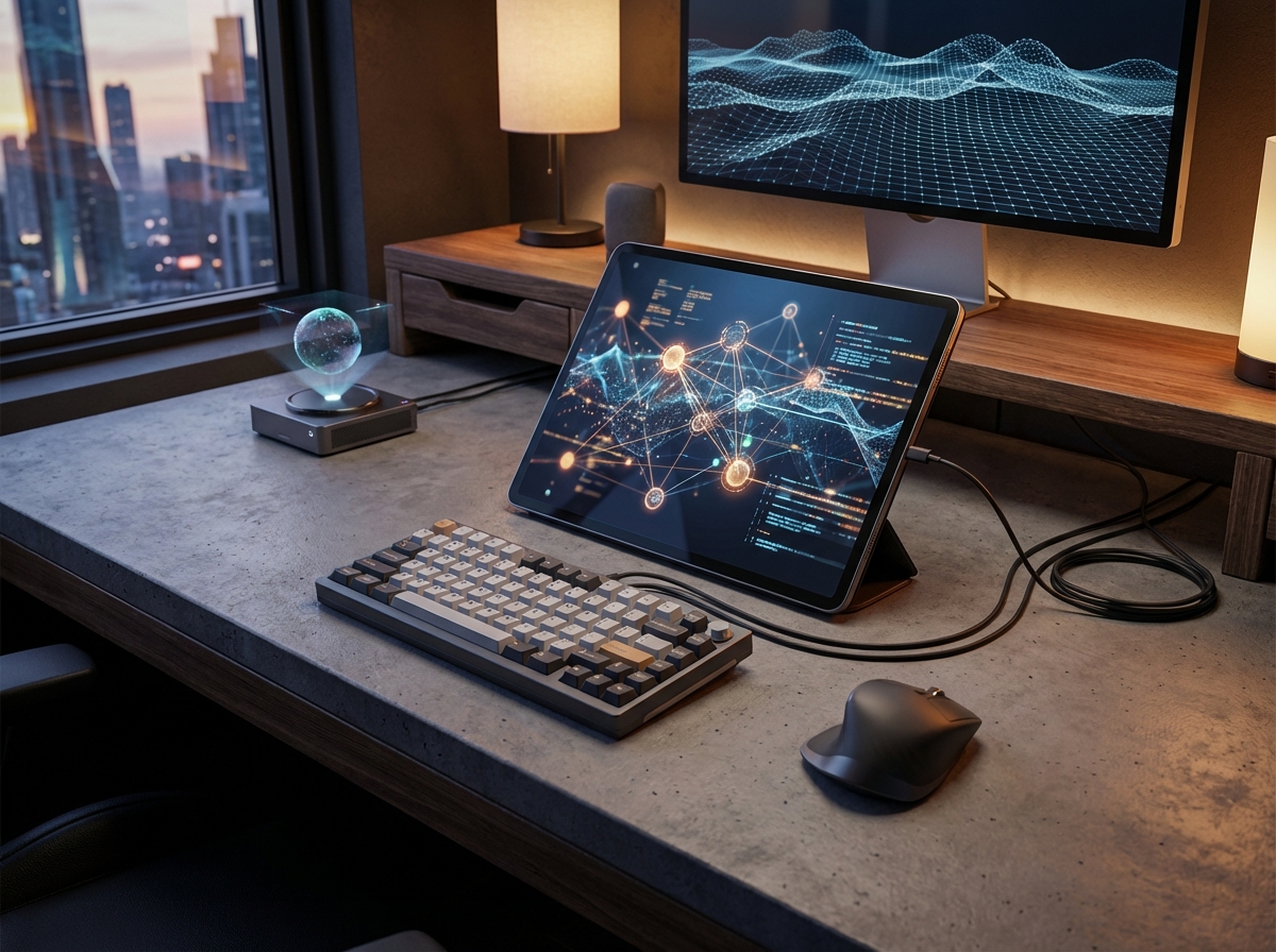 A detailed composition of a digital workspace with a tablet showing abstract communication nodes, 3D rendered style, sophisticated lighting, 4:3 aspect ratio, no text.