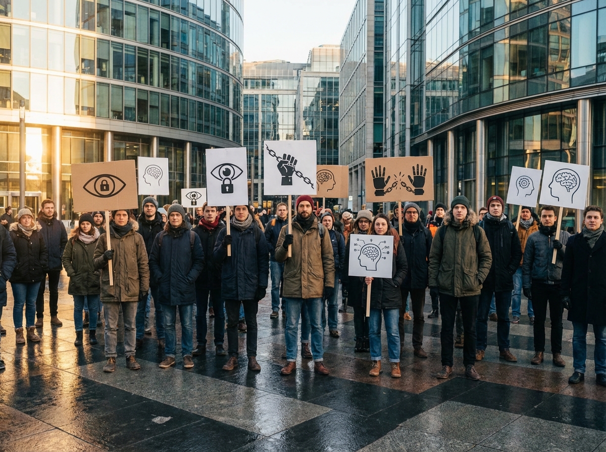 A diverse group of people holding protest signs about digital privacy and AI ethics in a modern city plaza, cinematic lighting, realistic style, 4:3 aspect ratio, no text on signs