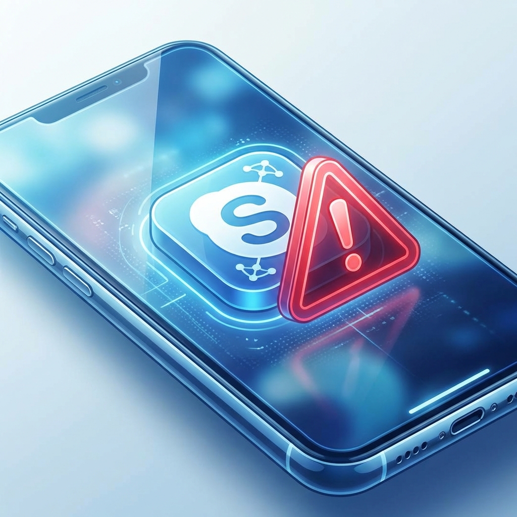 A high-tech smartphone screen displaying a warning triangle over a social media app icon, clean blue and white background, professional digital illustration, 1:1 aspect ratio, no visible text