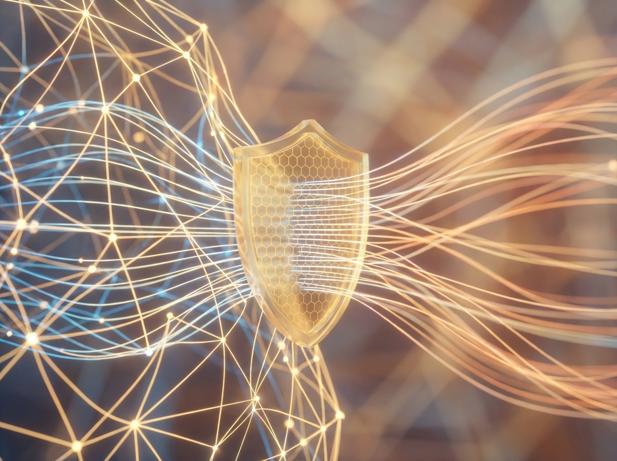 An abstract representation of AI neural networks being filtered by a golden shield, warm lighting, high quality digital render, 4:3 aspect ratio, no text