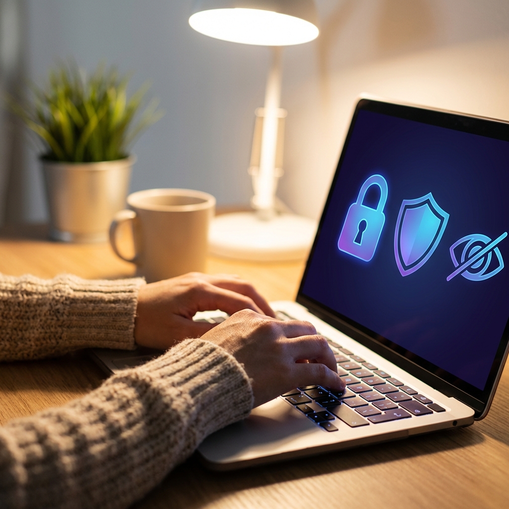 A close-up of a person's hands typing on a laptop with digital privacy icons glowing on the screen, soft lighting, lifestyle photography, 1:1 aspect ratio, no text