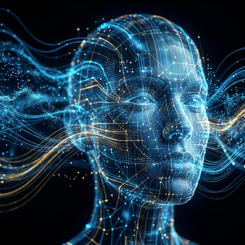 A modern conceptual illustration of a digital face being constructed by data streams and glowing lines, symbolizing AI character creation, dark background with blue and gold accents, high contrast, 1:1 aspect ratio, no text.