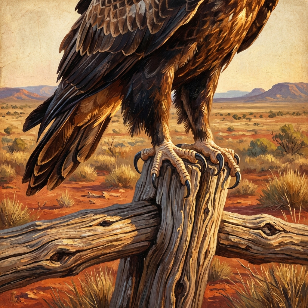 A detailed close-up illustration of a wedge-tailed eagle landing on a weathered wooden fence in a vast dry landscape, golden hour lighting, textured artistic style, 1:1 aspect ratio, no text.