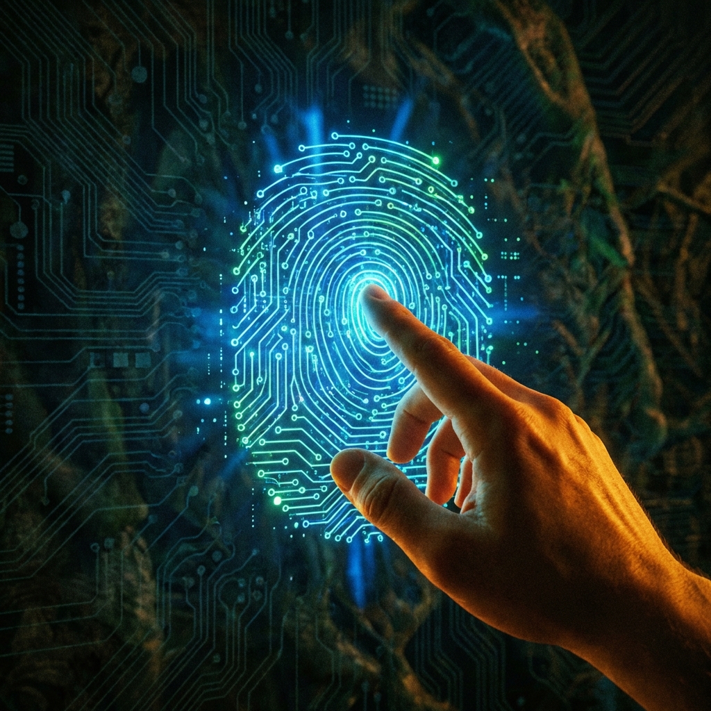 A conceptual artwork showing a human hand reaching out to touch a digital hologram of a fingerprint made of circuits, warm and cool lighting contrast, symbolizing digital ethics and identity, 1:1 aspect ratio, no text.