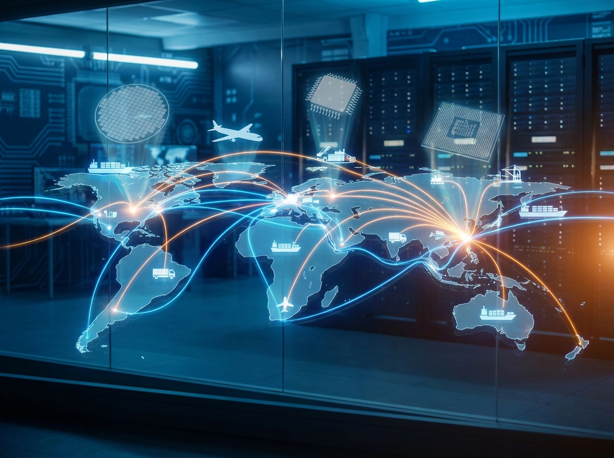 A digital world map showing glowing supply chain routes between Taiwan, USA, and China, with logistics icons and semiconductor silhouettes, professional tech background, cinematic lighting, 4:3