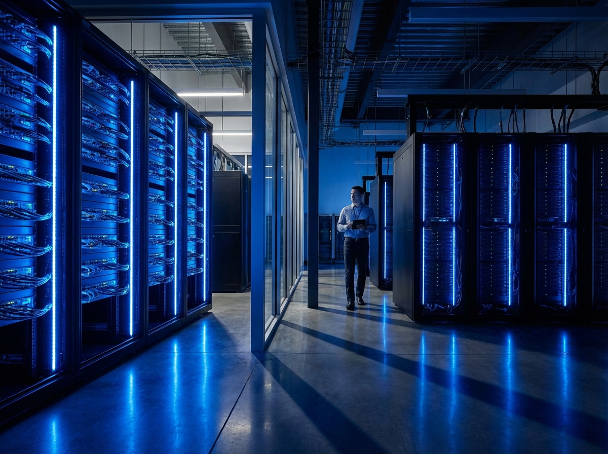 Inside a modern high-tech data center with glowing blue lights on server racks, clean and organized, high contrast photography, 4:3