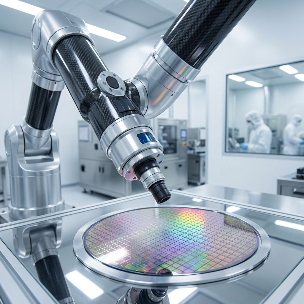 Close-up of a high-tech robotic arm inspecting a semiconductor wafer in a clean, brightly lit laboratory, detailed composition, professional setting, no text, 1:1