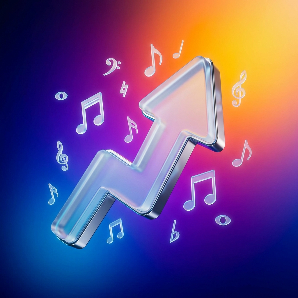 A clean and modern 3D illustration showing a rising arrow and floating music notes on a vibrant gradient background. No charts or numbers, high contrast, 1:1 aspect ratio, no text.