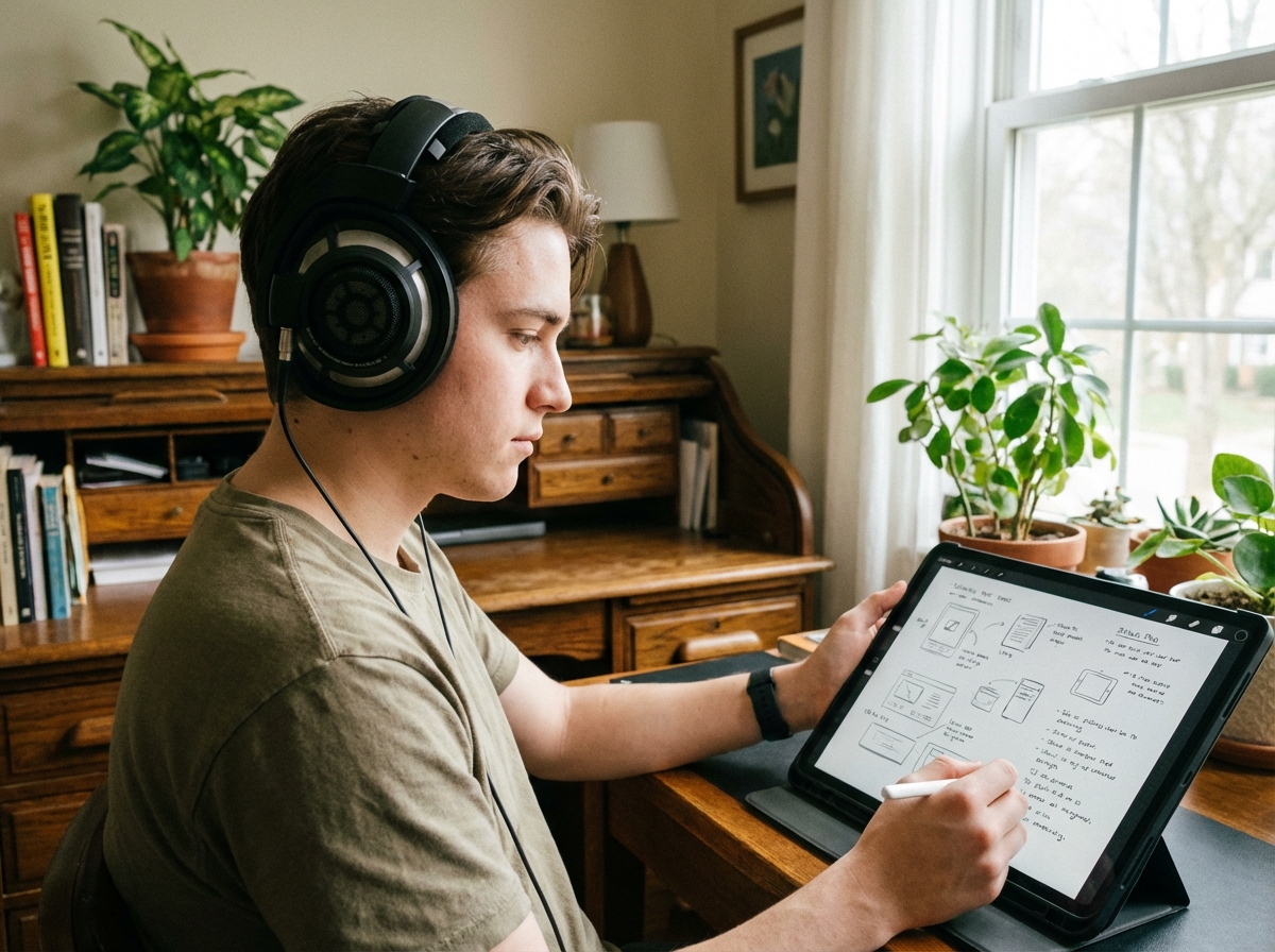 A realistic photo of a young person wearing high-end headphones, looking thoughtfully at a tablet screen. Natural lighting, home office setting, 4:3 aspect ratio, no text.