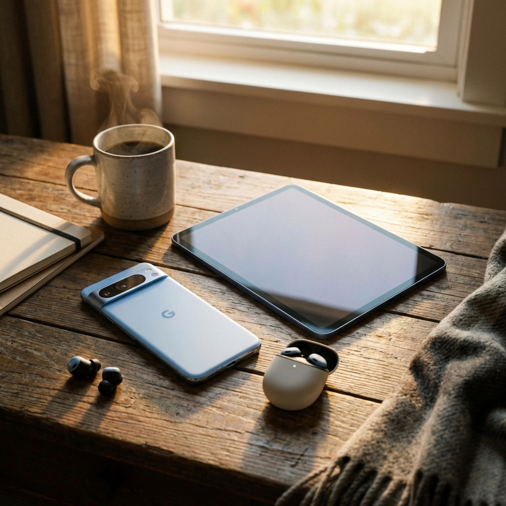 A detailed composition of a smartphone, a tablet, and wireless earbuds on a wooden desk. Soft morning light, cozy atmosphere, 1:1 aspect ratio, no text.