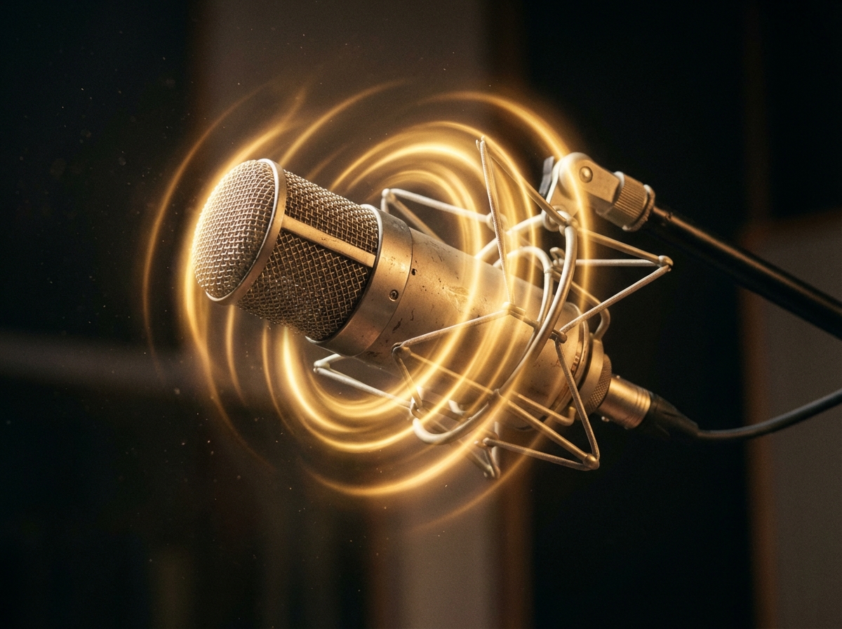 A cinematic close-up of a professional studio microphone with a glowing golden sound wave aura around it, symbolizing a famous voice, high quality, realistic lighting, 4:3 aspect ratio, no text.