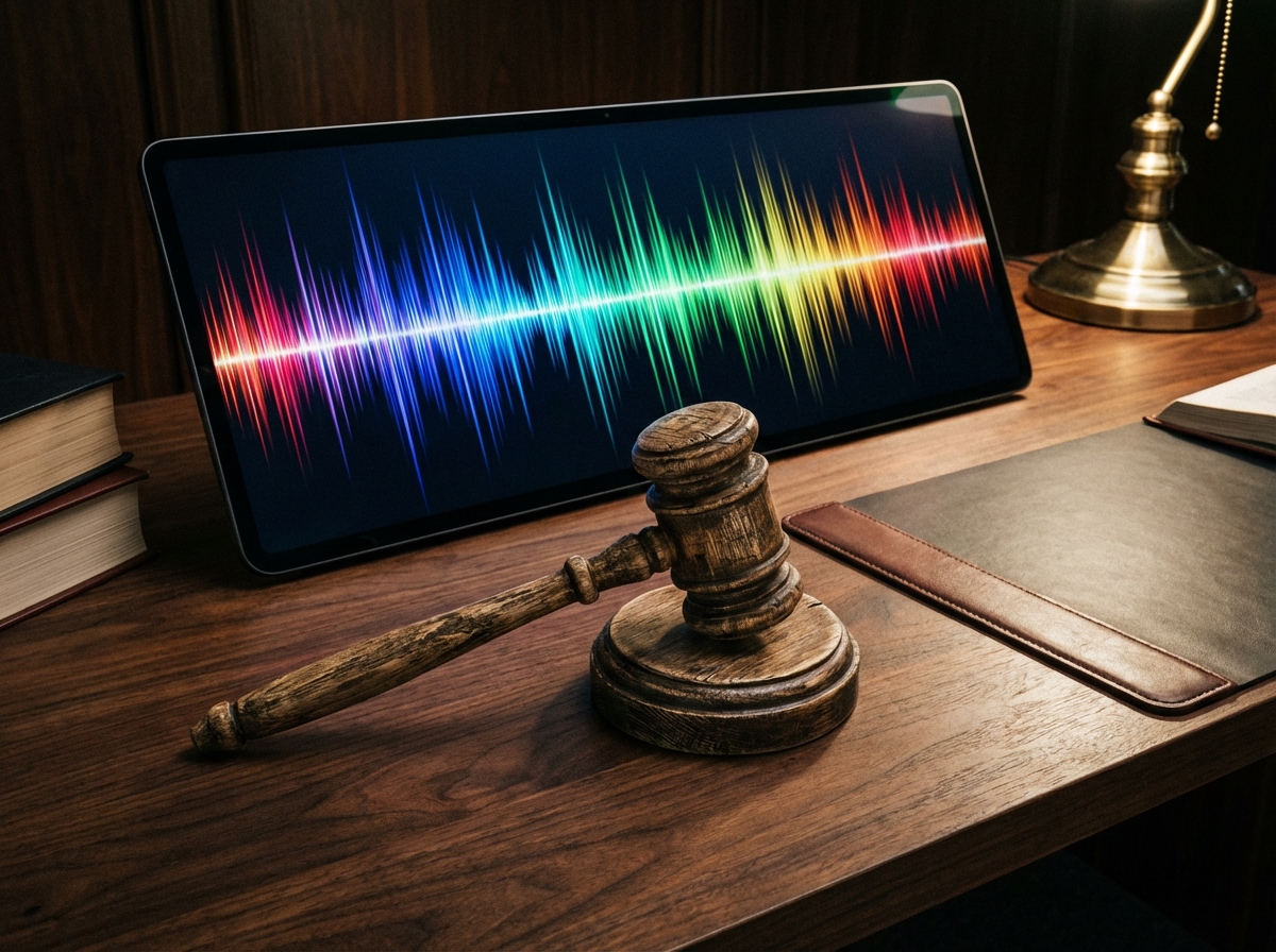 A stylized wooden gavel on a desk next to a digital screen displaying colorful sound frequency waves, high contrast, professional and legal concept, 4:3 aspect ratio, no text.