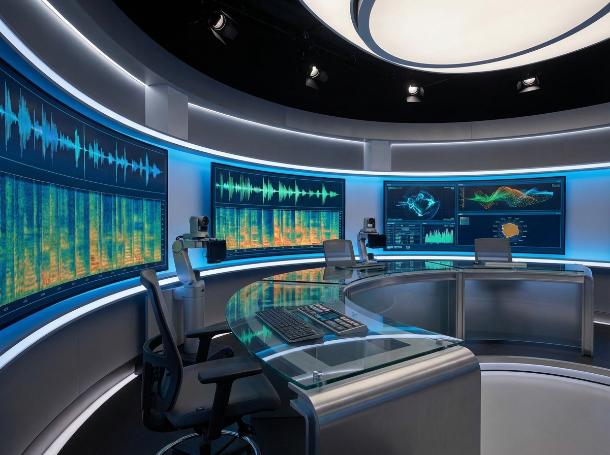 A high-tech futuristic studio environment with multiple glowing screens showing complex voice patterns and data visualizations, balanced lighting, professional mood, 4:3 aspect ratio, no text.