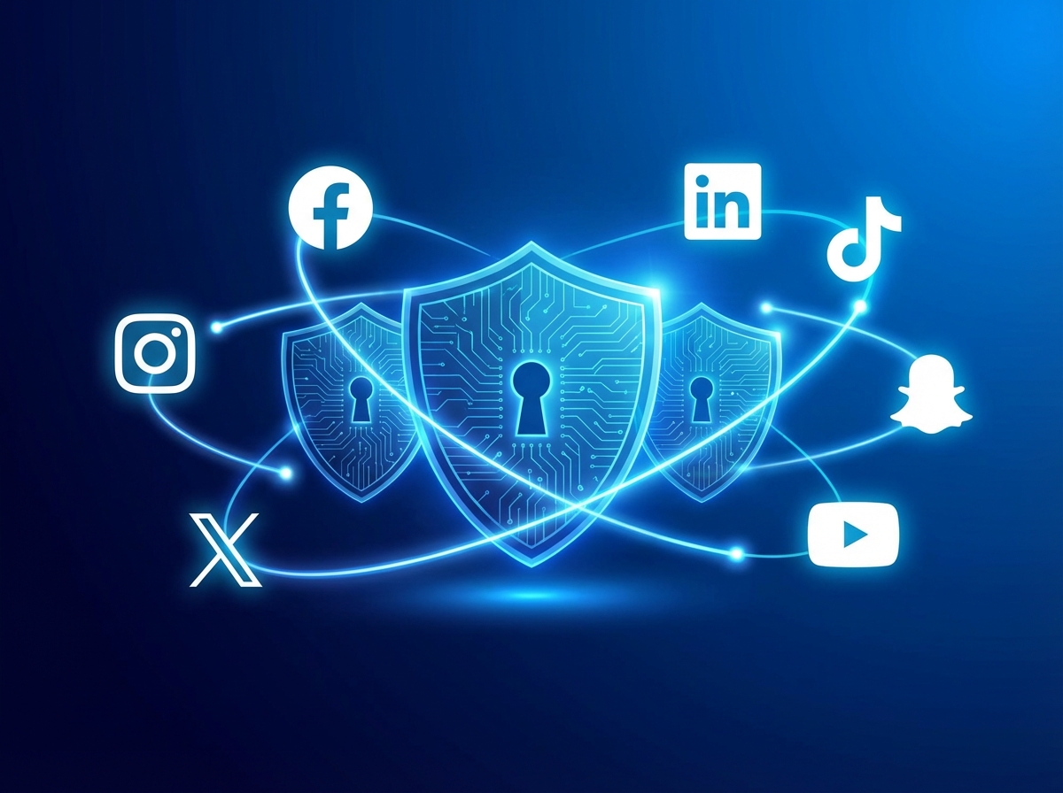 A clean infographic showing digital security shields and logos of major social media platforms on a modern blue gradient background, high contrast, 4:3, no text