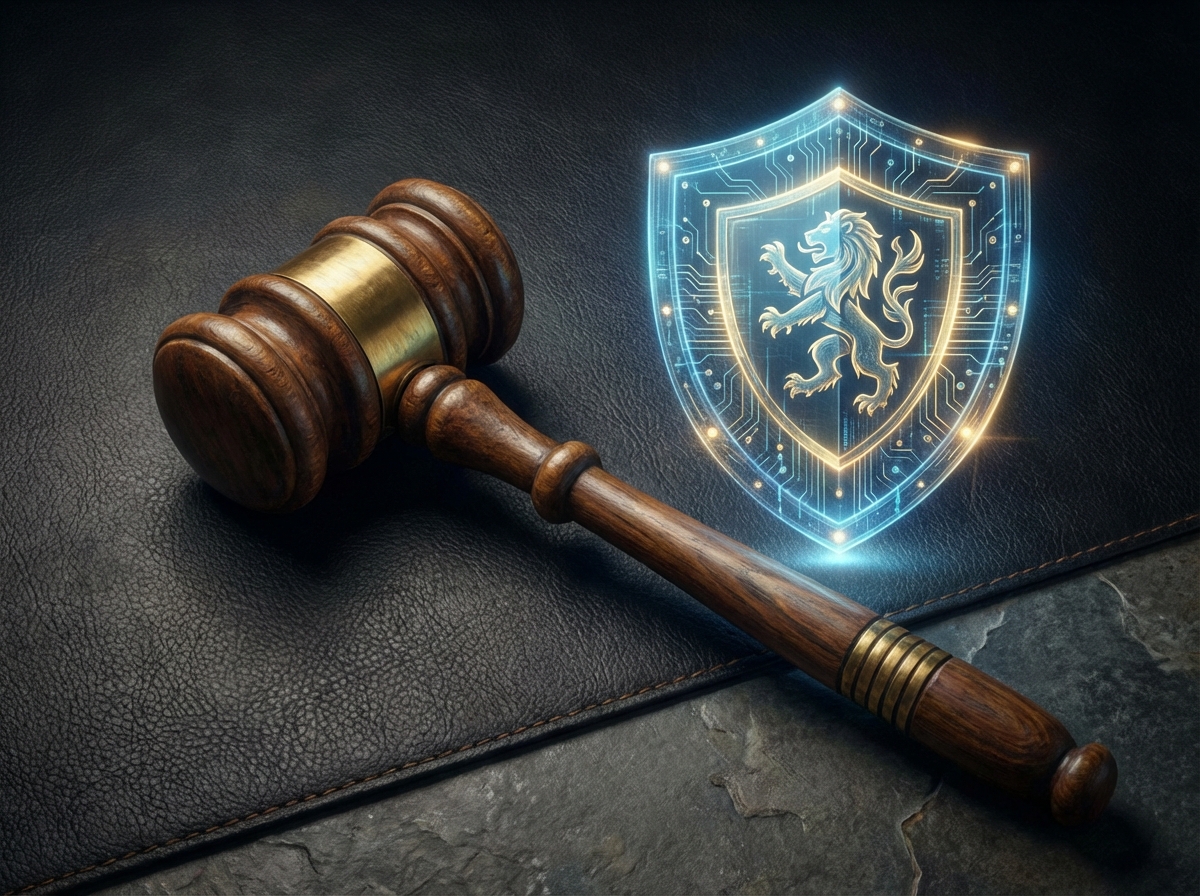 A professional legal gavel and a glowing digital shield on a textured dark background, artistic rendering, 4:3, no text