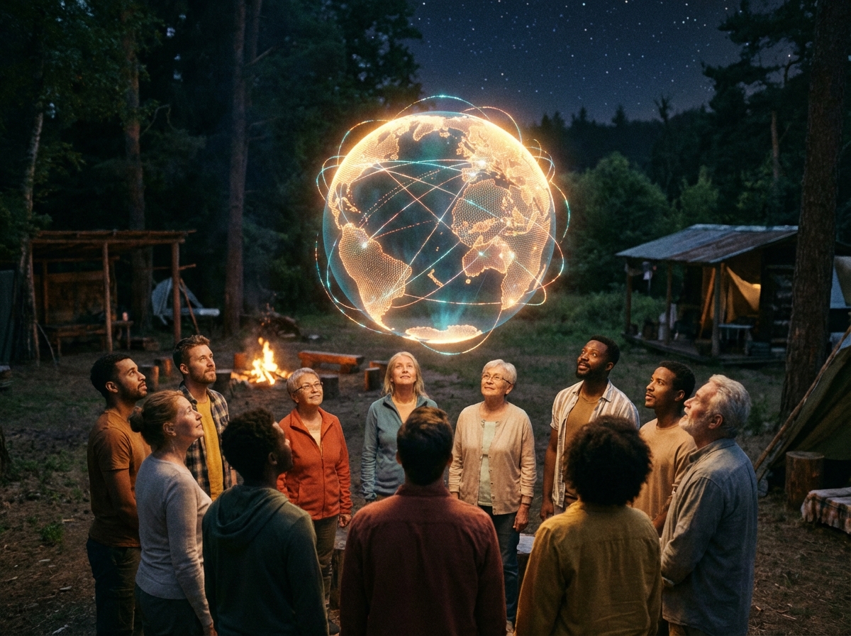A diverse group of people looking at a glowing holographic earth representing global digital connectivity, warm lighting, natural setting, 4:3, no text