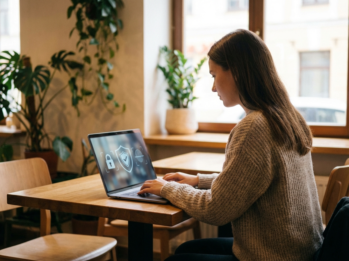 A lifestyle photograph of a person using a laptop safely in a warm cafe with a soft focus on digital security icons on the screen, 4:3, no text