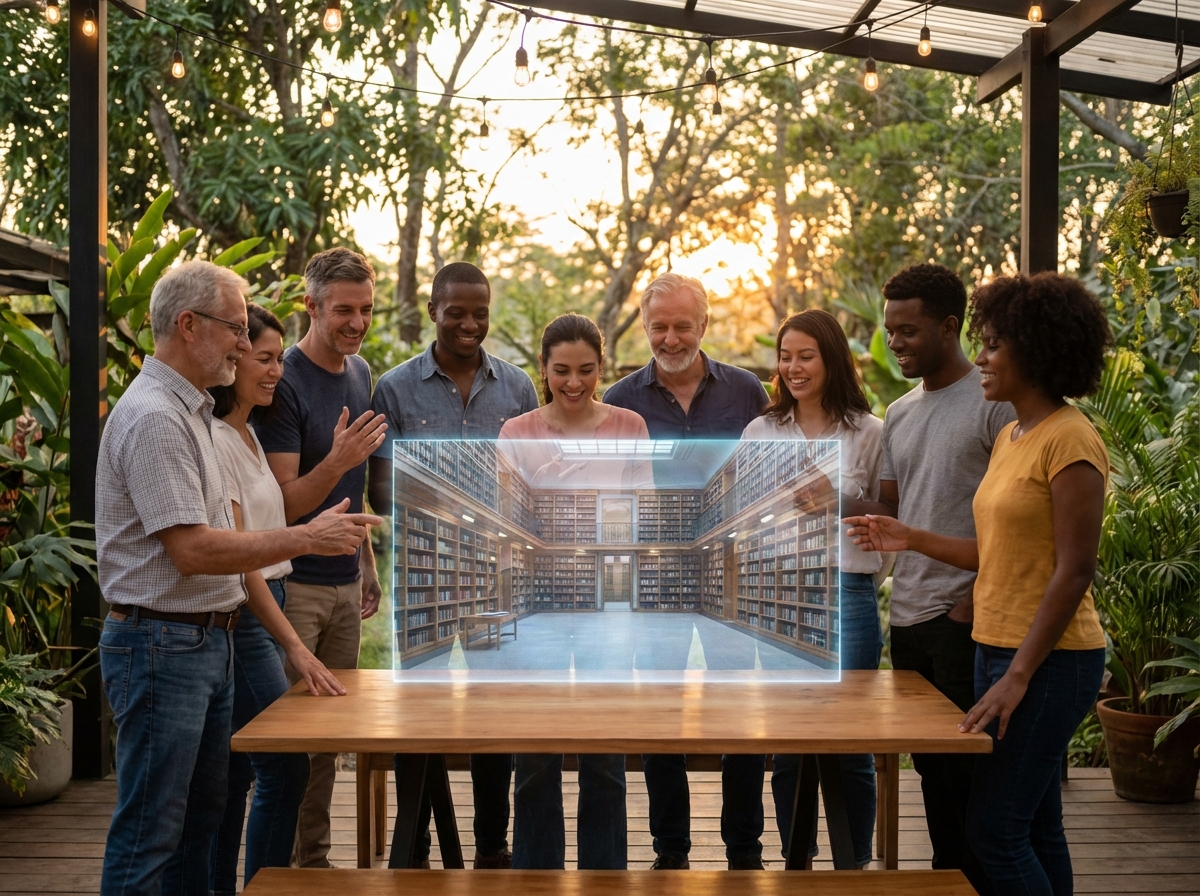 A group of diverse professionals representing global tech companies collaborating around a large digital hologram of a library, warm lifestyle lighting, natural setting, aspect ratio 4:3, no visible text