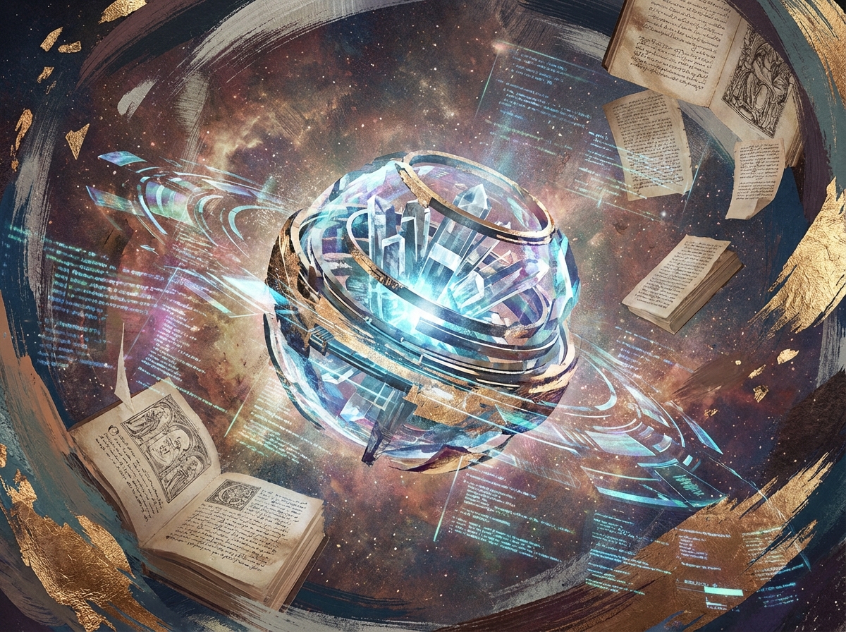 An artistic rendering of a futuristic digital time capsule floating in space with bits of data and book pages swirling around it, textured background, aspect ratio 4:3, no visible text