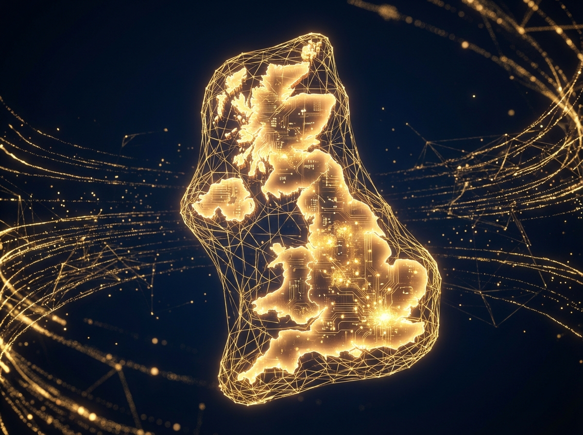 An artistic representation of digital boundaries and data protection showing a glowing map of the United Kingdom with a protective digital lattice over it. Professional layout, warm lighting accents, dark blue background with gold data streams, 4:3 aspect ratio, no text.