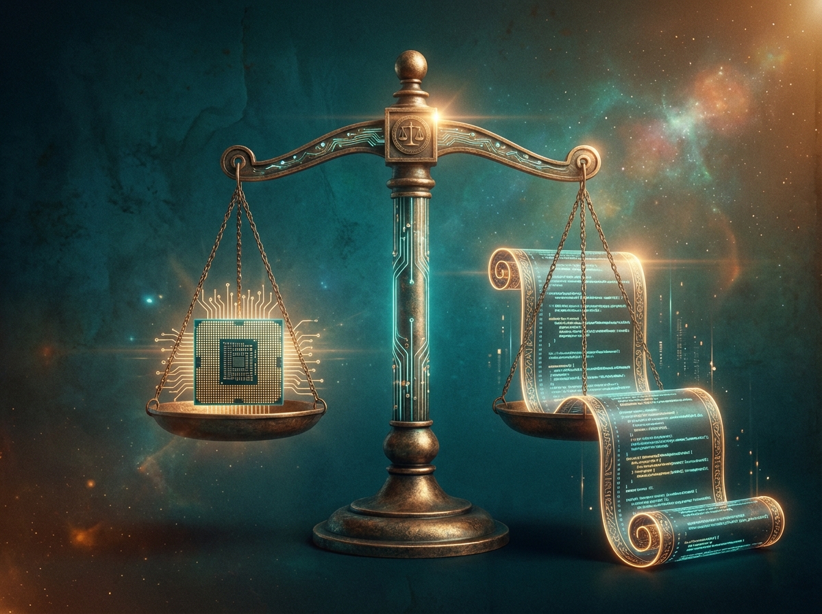 A detailed composition featuring a stylized scale of justice with one side holding a microchip and the other a digital scroll of law. Textured background with subtle light flares, professional artistic rendering, deep teal and amber color palette, 4:3 aspect ratio, no visible text.