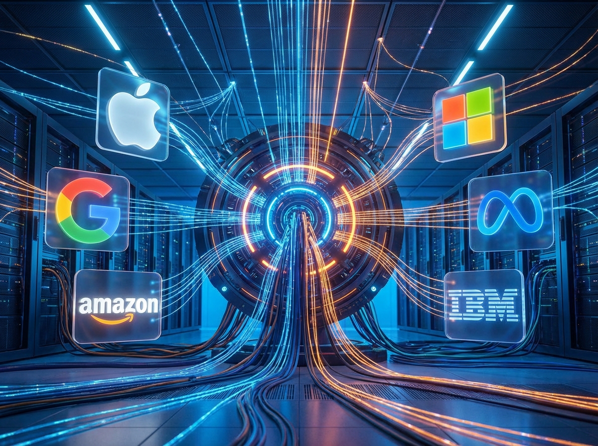 High-tech server room with glowing blue and orange lights representing data transfer between a central hub and major tech company logos conceptually, 4:3, no text