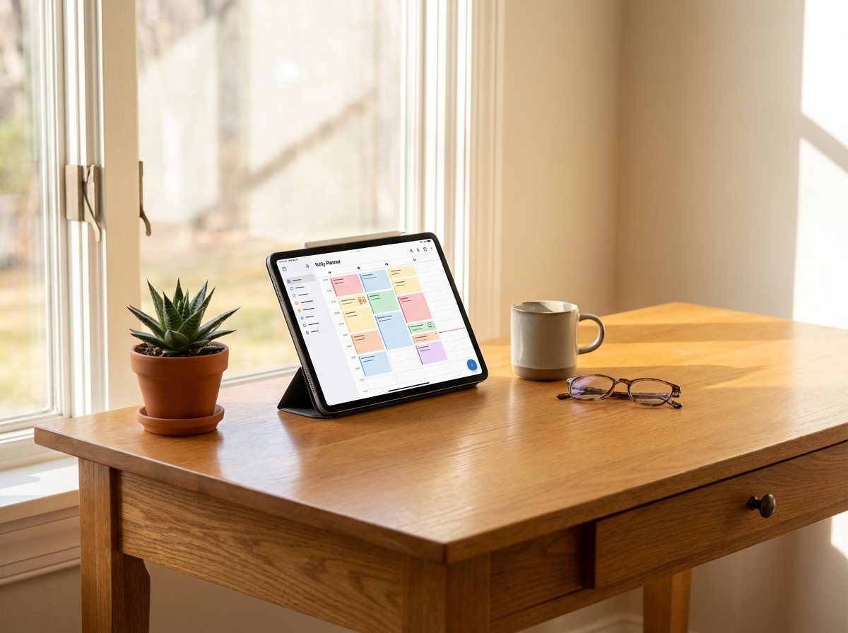 A clean wooden desk with a digital tablet showing a structured daily planner, a small green plant growing next to it, bright and natural lighting, 4:3, no text