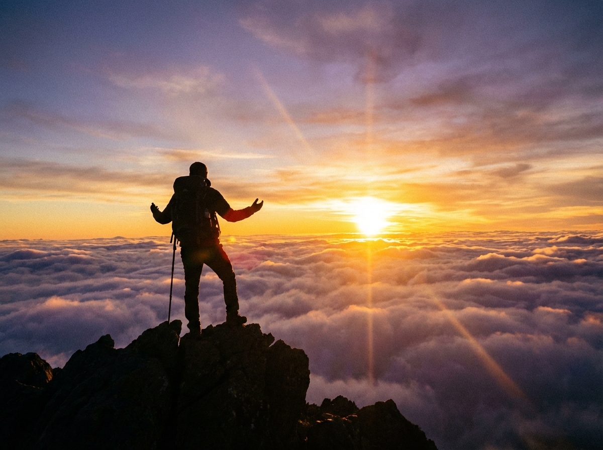 The silhouette of a person standing on a mountain peak looking at a beautiful sunrise, feeling of achievement and responsibility, cinematic lighting, 4:3, no text