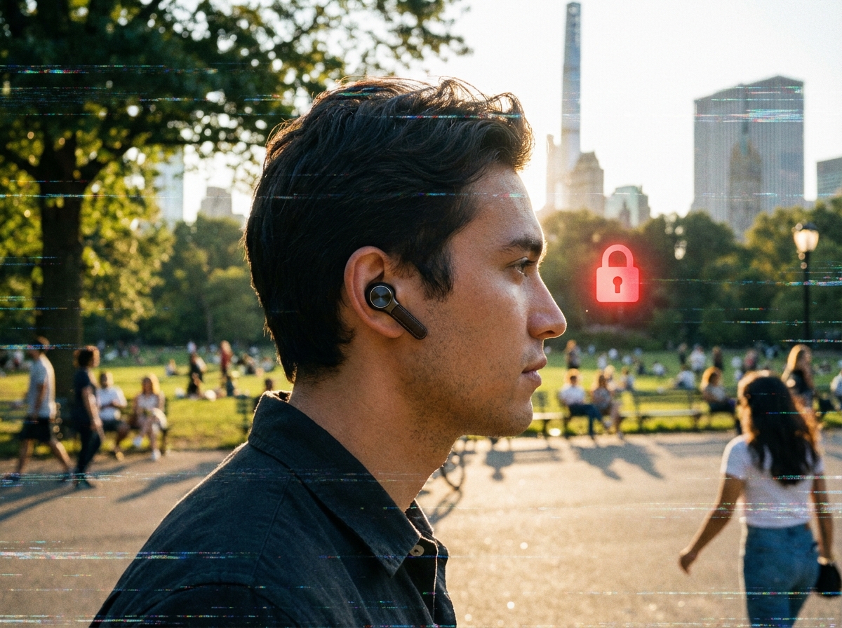 A person wearing high-end wireless earbuds in a public park, overlaid with a subtle digital interference effect and a red padlock icon floating in the air. Cinematic lighting, photorealistic style, 4:3 aspect ratio, no text.