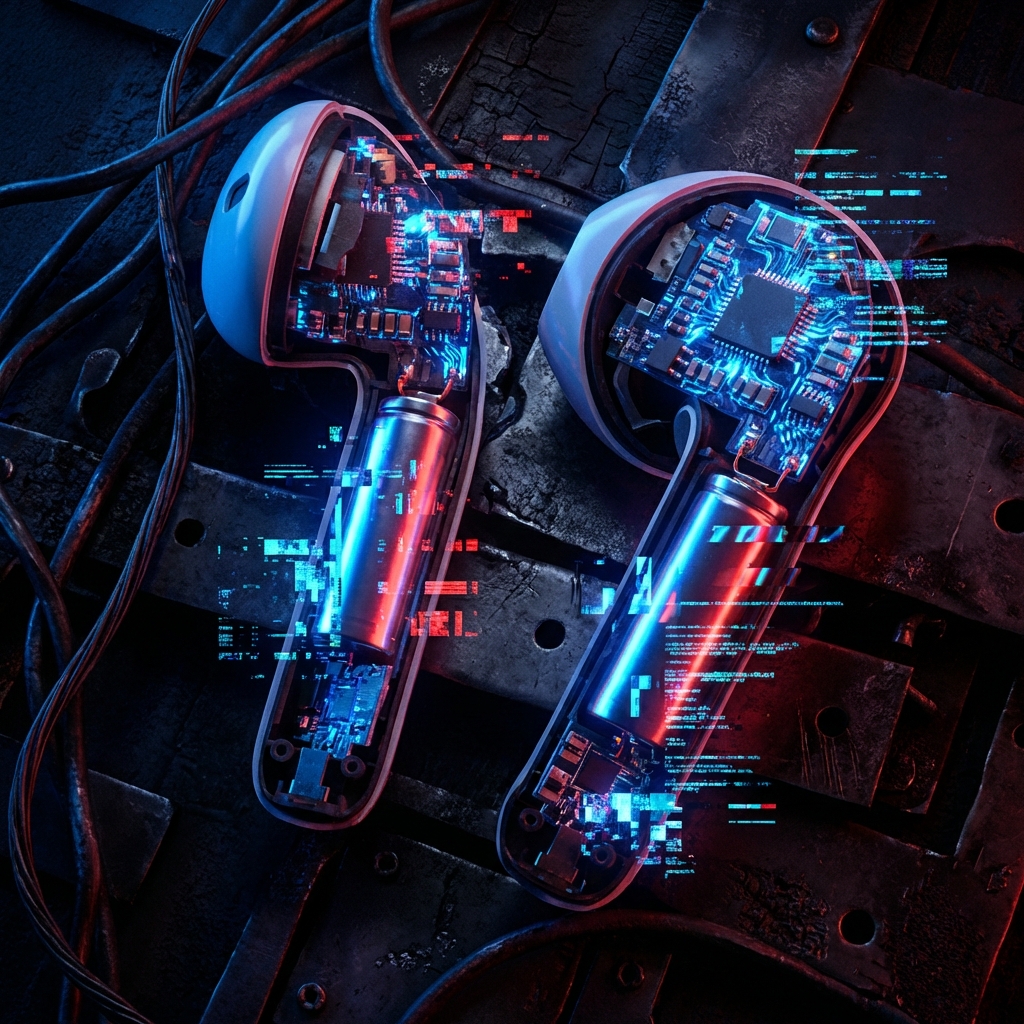 An artistic internal view of wireless earbuds showing glowing electronic circuits with a digital glitch effect representing a security flaw. Dark textured background, cinematic blue and red lighting, 1:1 aspect ratio, no text.