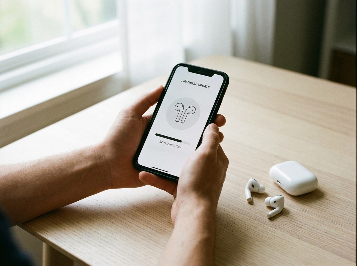 A first-person perspective of a person using a mobile app on a smartphone to update the firmware of their earbuds. Clean minimalist interface, soft natural daylight, 4:3 aspect ratio, no text.