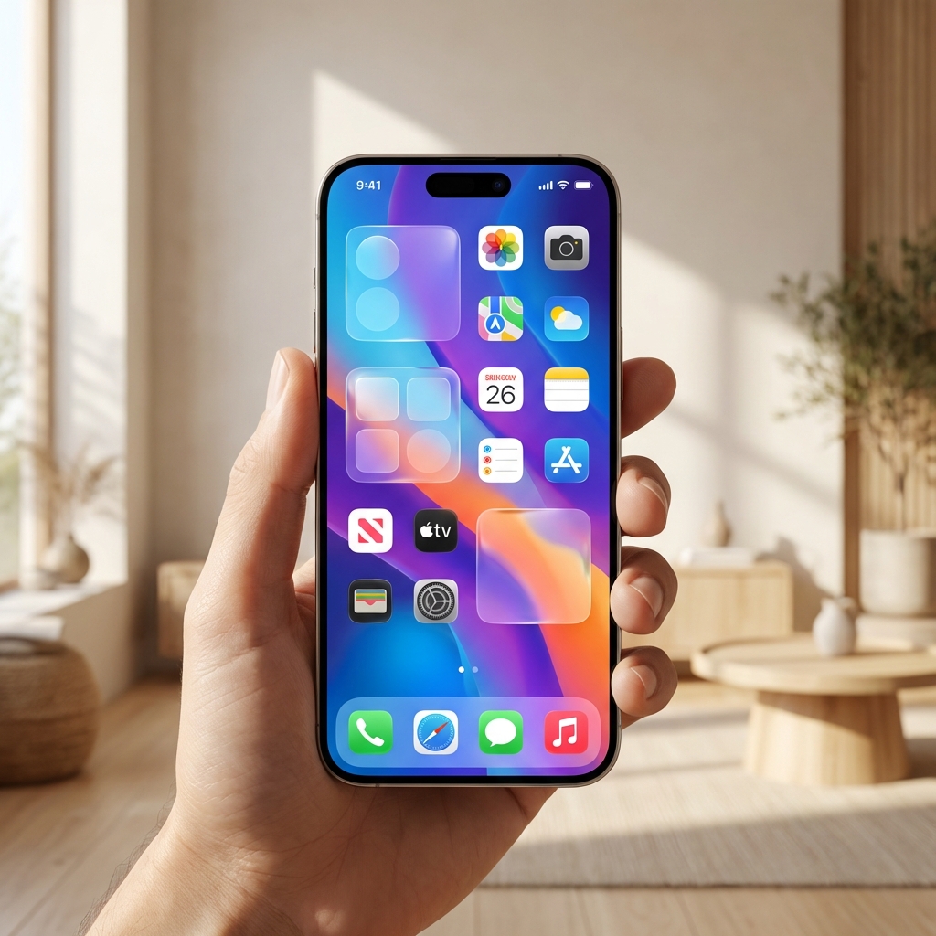 A modern iPhone showing a futuristic and sleek iOS 26 user interface with glossy and translucent elements called Liquid Glass. The background is a vibrant gradient, and the phone is held by a hand in a bright, minimalist setting. 1:1, high quality, no text.