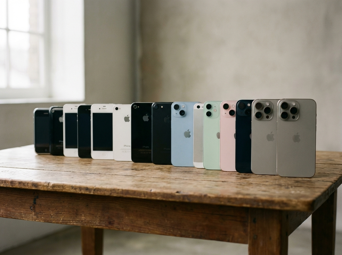 Multiple generations of iPhones lined up on a wooden table, showing the evolution of the devices. The lighting is soft, and the composition is professional and clean. 4:3, no text.