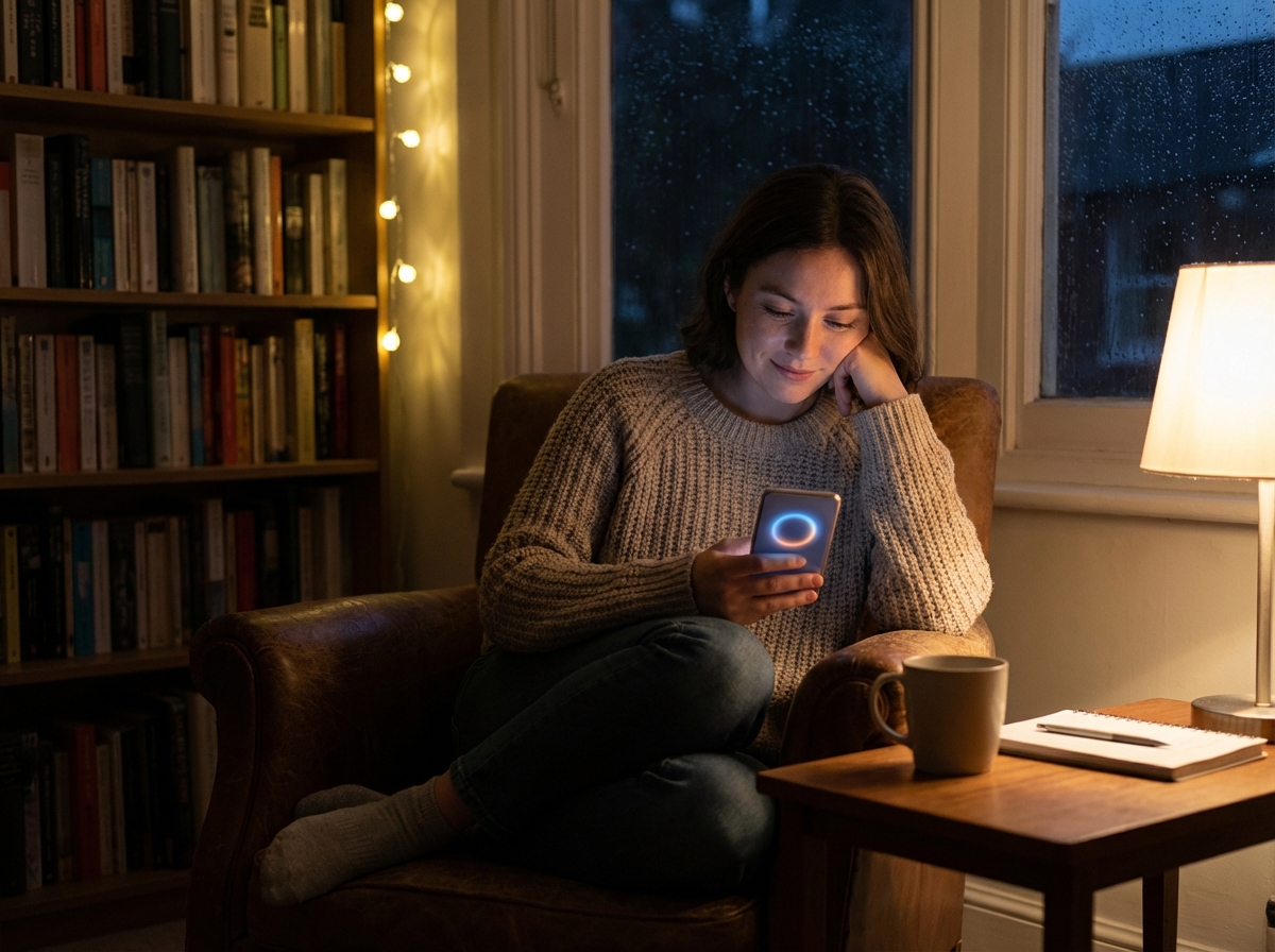 A person sitting in a cozy room at night talking to a glowing smartphone screen representing an AI chatbot, warm lighting, emotional and thoughtful atmosphere, lifestyle photography, 4:3, no text