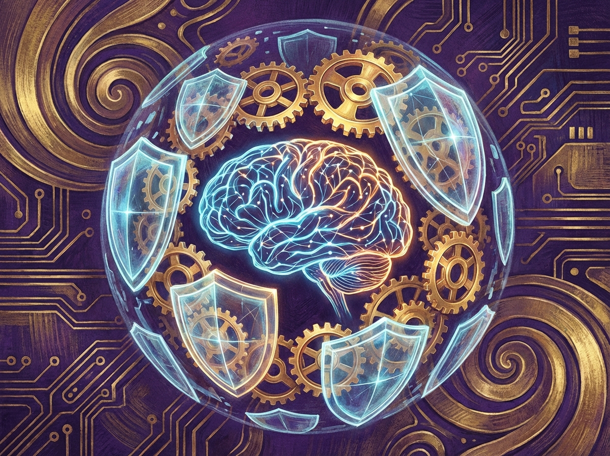 A detailed artistic rendering of digital shields and glowing gears protecting a brain shaped network, textured background with deep purple and gold accents, 4:3, no text