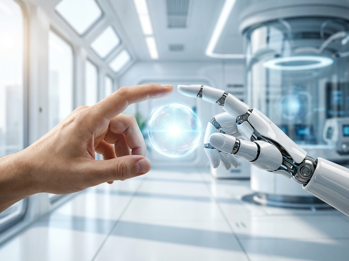A clean and bright image of a human hand and a robotic hand reaching towards a glowing sphere of light, balanced composition, professional and futuristic, 4:3, no text