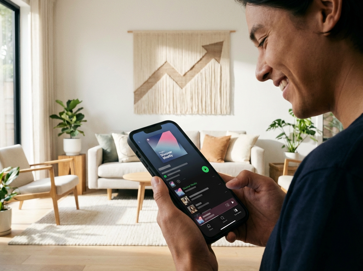 A person looking at a smartphone screen showing a music streaming app interface with a subtle upward trend arrow in the background, modern and clean lifestyle setting, high quality photography, 4:3 aspect ratio, no text.