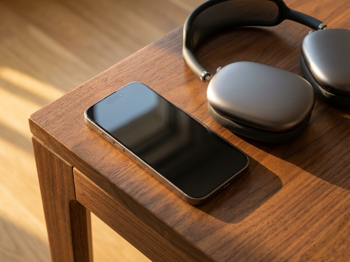 Close up of a sleek modern smartphone with high-end over-ear headphones next to it on a minimalist wooden table, warm sunlight, professional technology product photography, 4:3 aspect ratio, no text.