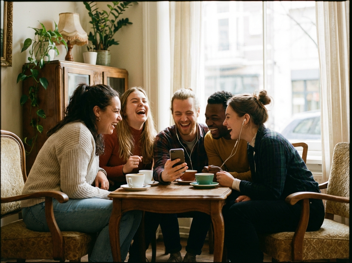 A small group of friends in a cozy cafe laughing and sharing music using a smartphone, natural lighting, lifestyle photography, centered focus, 4:3 aspect ratio, no text.