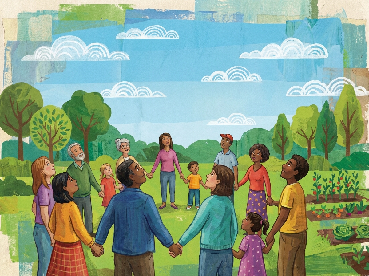 Diverse group of people standing near a green park with clear blue sky, symbolic of environmental justice, modern artistic rendering, textured background, 4:3 aspect ratio, no text.